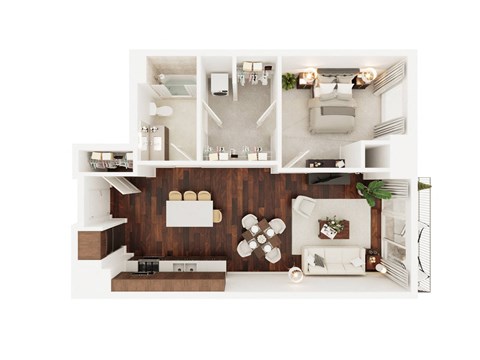 Floor plan for 1 bed, 1 bath, 727 sqft